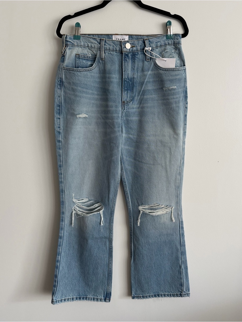 Frame Denim Le High’N’Tight Crop Mini Boot Light Blue Distressed Flare Jeans